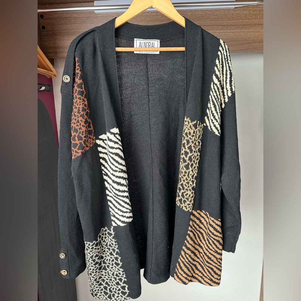 Alnoral Black Animal Print Open-Front Women's Cardigan, Vintage 80s/early 90s